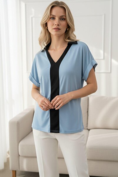 Mossta Короткий рукав з кольоровими блоками, поло-комір, блуза Sandy - синій