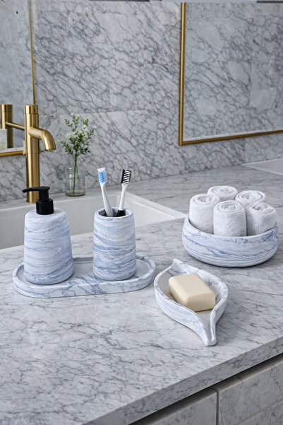 Zigzag Home طقم حمام بيضاوي الشكل مكون من 5 قطع من الرخام المزخرف، موزع صابون...