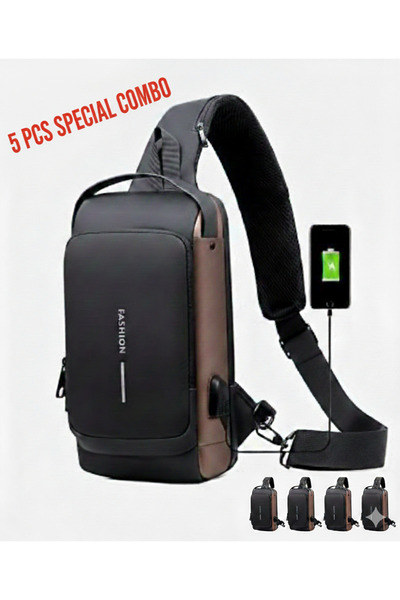 Primo Plus 5 PCS SPECIAL COMBO Black With Brown Anti Theft Sling Bagwaterproo...