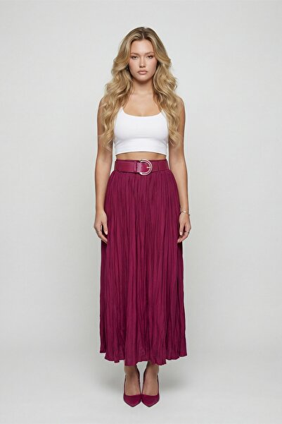 EXİTLİNE Women's Burgundy Summer Skirt with Elastic Waist and Belt, Layered D...