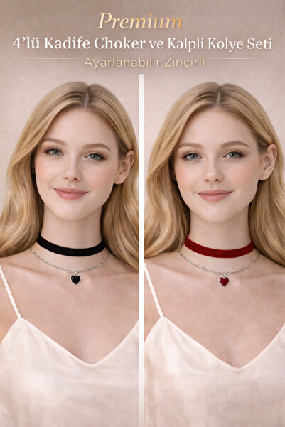 Liora De Mar 4-Piece Velvet Choker and Heart Necklace Set – Adjustable Chain,...