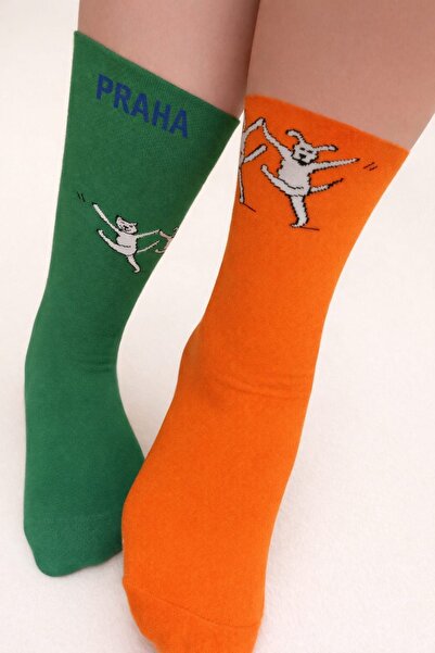 Funnysocksonline PRAHA Desenli Renkli Çorap – Turuncu & Yeşil (Tek Çift / Mis...