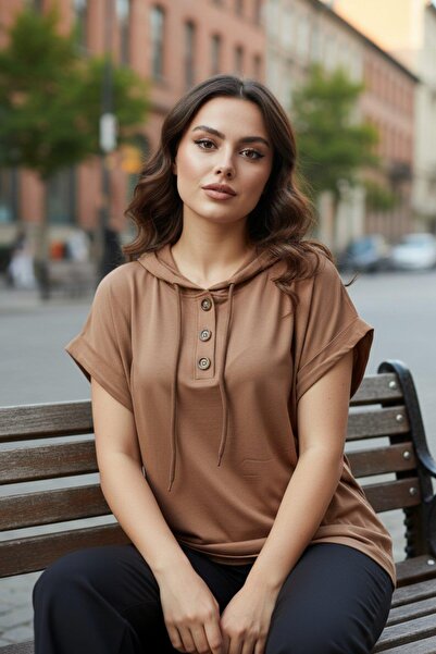 Mossta Button Detailed Hooded Short Sleeve Viscose Blouse - Mink