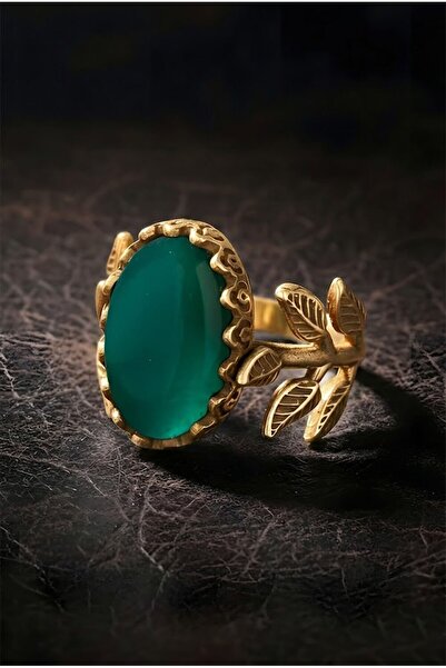 Takıdepo Sarmaşık Model Yeşil Akik Taşlı El İşi Yüzük - Altın Rengi
