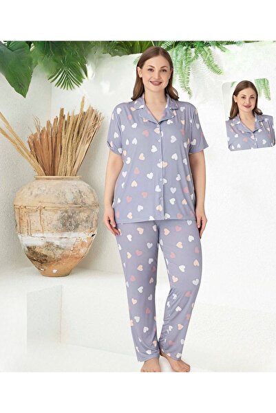 PİJAMOOD Gömlek Model Kalpli Kadın Pijama Takımı