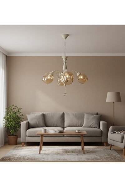 Çabuk Elektrik Vintage Gold 4'lü Camlı Taş Detaylı Salon Avizesi