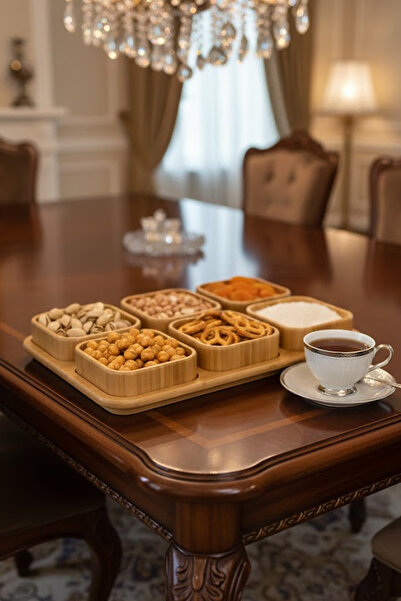 Nuha Home Standlı Bambu Kapaklı Kare Çerezlik 6’lı Set