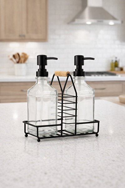 BEYZANA 2'li Siyah Stantlı Lif Bölmeli Paslanmaz Çelik Sıvı Sabunluk Deterjan...