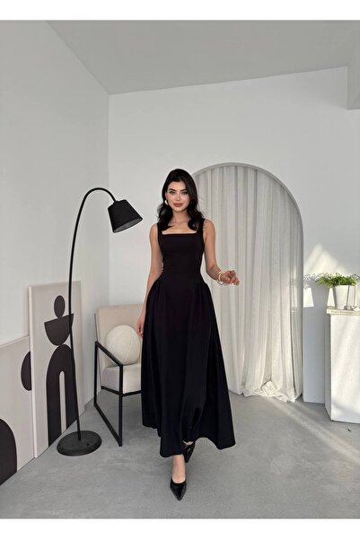 ETİKAFASHION Askılı Kare Yaka Kloş Uzun Elbise