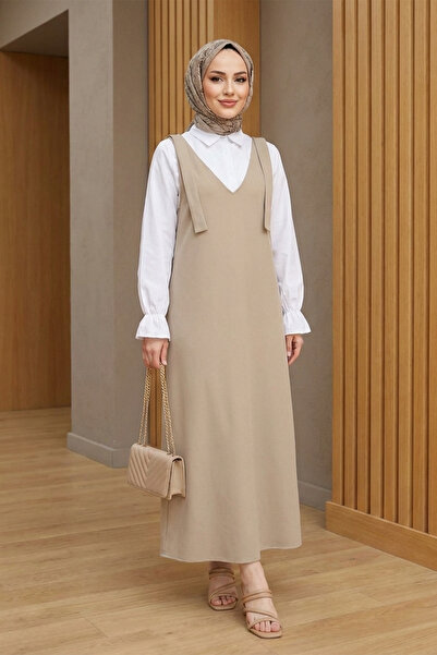 FERHEL Women's Tie-Shoulder V-Neck Dabıl Fabric Long Jile - Beige