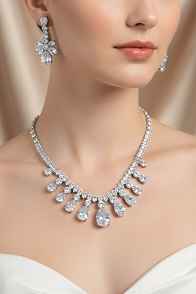 laria jewelry Zirkon Taşlı Kolye Ve Küpe Özel Düğün Seti
