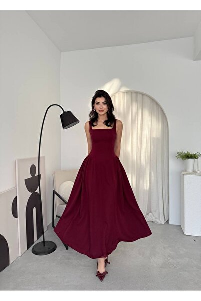 ETİKAFASHION Askılı Kare Yaka Kloş Uzun Elbise