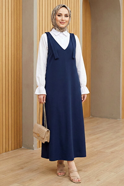 FERHEL Women's Tie-Shoulder V-Neck Dabıl Fabric Long Jile - Navy Blue