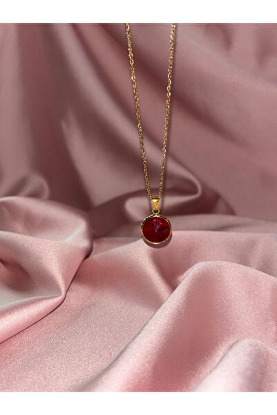 Aleyna.co Çelik Gold Çerçeveli Taş Kolye - Bordo