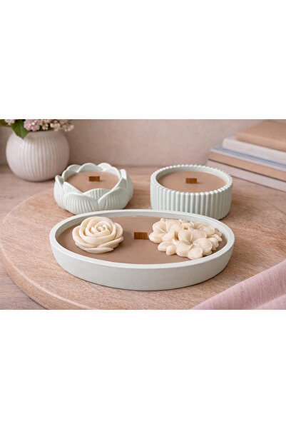 şema kadim ışık El Yapımı Tahta Fitilli Dekoratif Mum Seti – Çiçek Detaylı Ov...