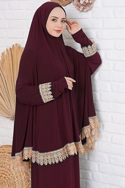 İSTANBULSTYLEMODA 2-Piece Set Lace Prayer Clothes Burgundy Skirt and Souffle