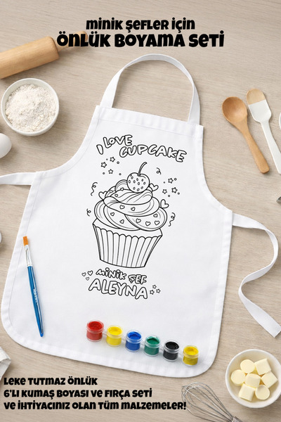 BaskılıTshirt Çocuk Şef Önlüğü Boyama Seti – Kişiye Özel İsimli, Cupcake Dese...
