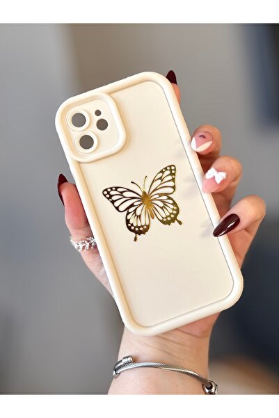MİRAZ TASARIM Iphone -12- gold butterfly printed cream color case