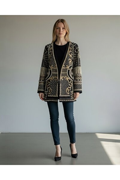 MsfashionX Luxury Black Embroidered Jacket with Gold Royal Pattern