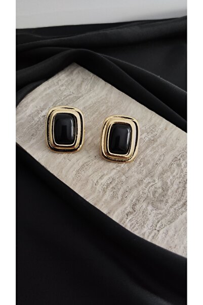 Desire Gold Renk Siyah Taşlı Dikdörtgen Model Küpe