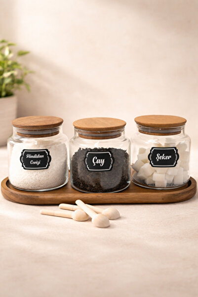LİNGO HOME 3 Glass Spice Containers with Acacia Stands 635Cc - with Bamboo Sp...