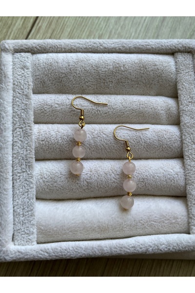 Pel Design Pink Quartz Stone Dangle Gold Steel Earrings