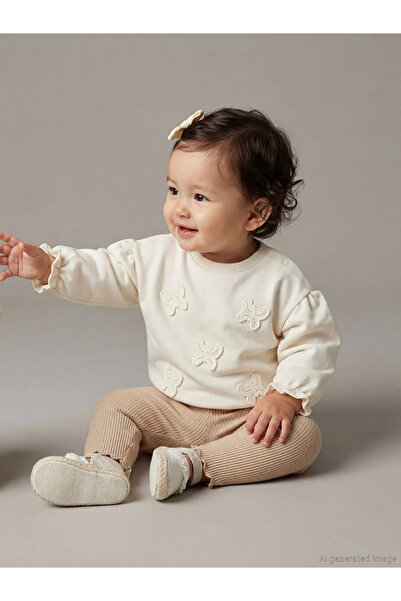 LC Waikiki Lcw Baby Beige Crew Neck Baby Girl Sweatshirt and Leggings