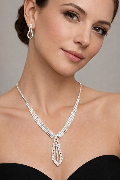 laria jewelry Zirkon Taşlı Düğün Kolye Ve Küpe Gerdanlık Seti