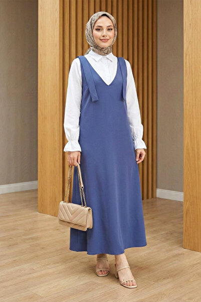 FERHEL Women's Tie-Shoulder V-Neck Dabıl Fabric Long Jile - Indigo