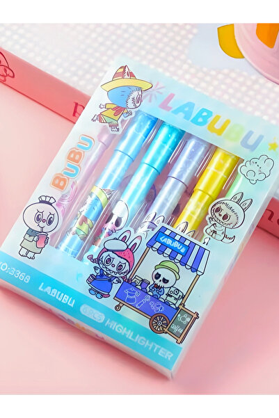 ÖZ OFİS Kawaii Labubu 6'lı Fosforlu Kalem Seti - Soft Renkler - Özel Kutulu