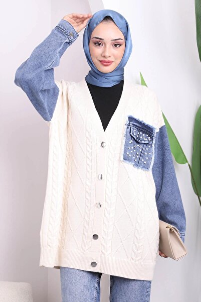 modayaselam Hair Braided Cardigan with Denim Details