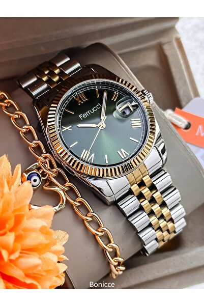 Ferrucci Women's Watch with Calendar, Green Dial, in Stylish Box, Silver Yell...