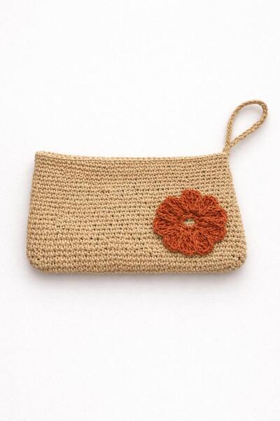 El Örgüsü Hasır Clutch | 28x16 cm Kağıt İp Fermuarlı Günlük Şık Kadın El Çantası