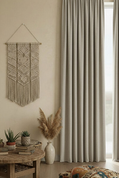 Dokuar Kadife Dokulu Premium Büzgü Ekstraforlu Taş Rengi Düz Polyester Fon Perde