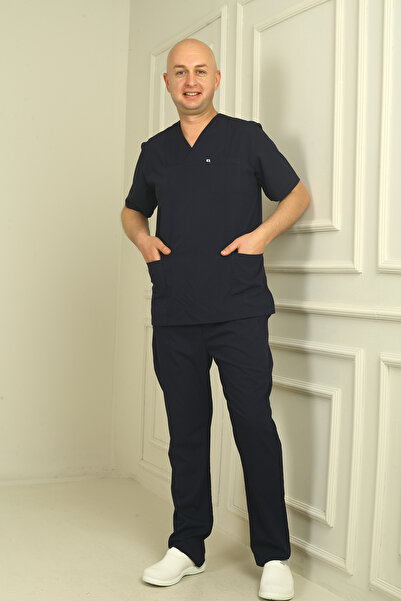 DENİZ İŞ Men's Envelope Collar Terycotton Scrubs Set - Navy Blue