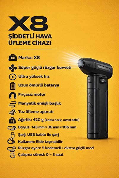 BLUE İNTER 100.000 RPM 52M/S 6 KADEMELİ TURBO FET FAN GÜÇLÜ RÜZGAR GÜCÜ X8 Şİ...