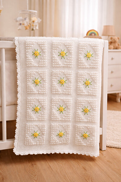 Aykır ı Bebe Sarı Çiçek Desenli Tunus İşi El Örgüsü Bebek Battaniyesi