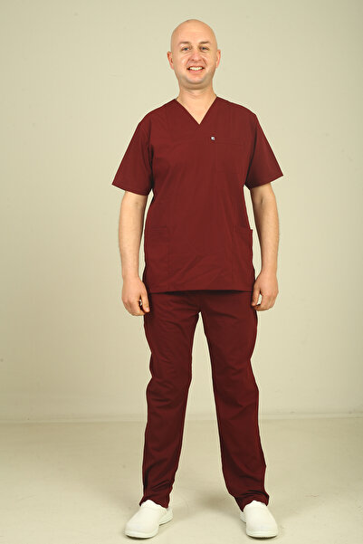 DENİZ İŞ Men's Envelope Collar Terycotton Scrubs Set - Burgundy