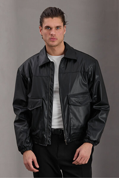 Bossago Men's Black Leather-Look Oversize Jacket with Pocket Detail and Elast...