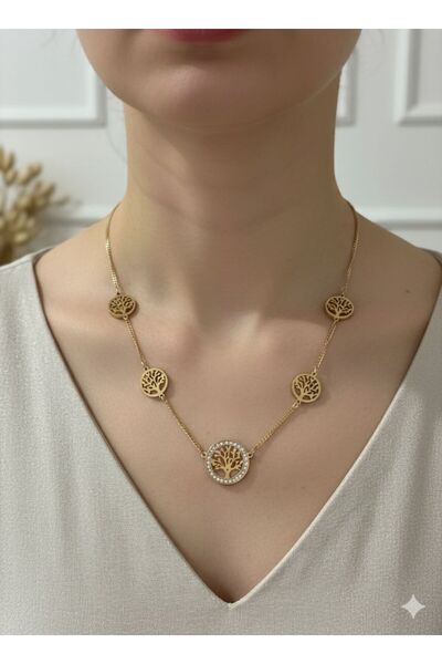 staınless steel Stylish Tree of Life Detailed Women's Gold Color Steel Necklace