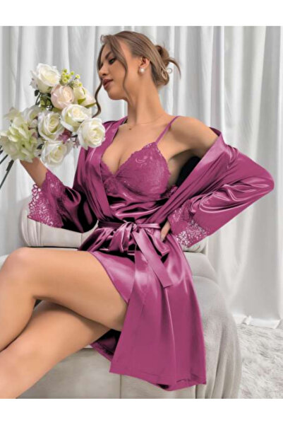 ESİLORA Kadın Premium Seksi Saten Gecelik/Sabahlık Set