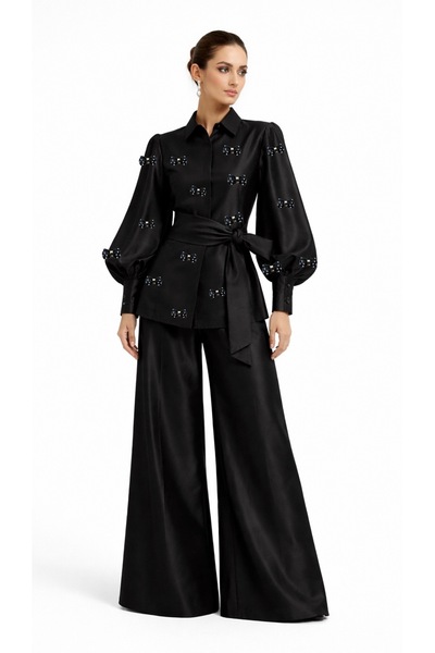 UNTIMELY Black American Satin Shirt & Trousers Set with Stone-Embellished Bow...