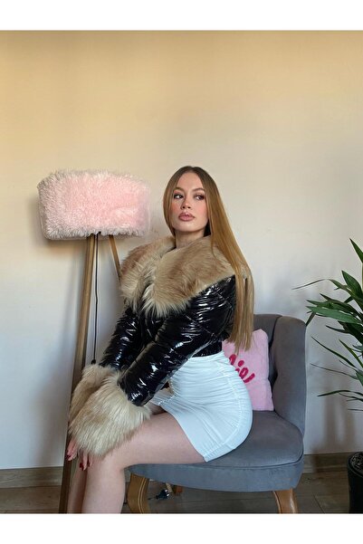 gardiant Siyah renk yakası ve kolu kürklü uzun kollu kadın mont