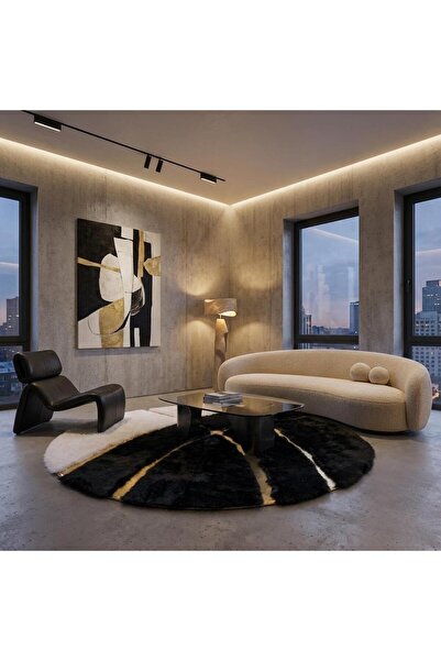 deco marié Siyah, Beyaz Zeminli Altın Çizgili Yuvarlak Peluş Halı