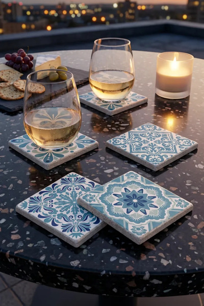 Baumatelier Light Blue Tile Pattern Natural Stone Travertine Coasters Stone C...