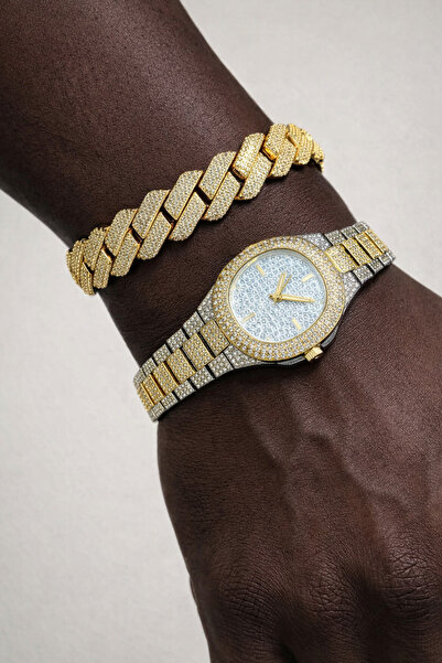 laria jewelry Taşlı Gold Iced Out Saat Ve Gold Küba Bileklik Seti