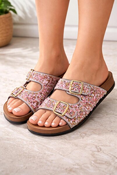 ARONA Pien Taşlı Çift Tokalı Ayarlanabilir Kadın Terlik- Ortopedik Taban Şık ...