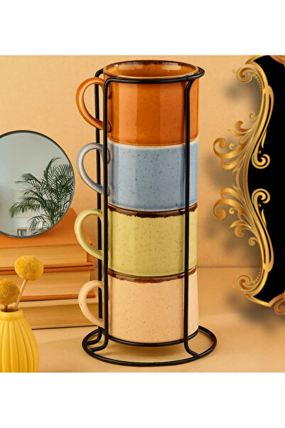 SAMSA Porcelain Large Colorful Tea and Coffee Cup Set for 4 People with Metal...