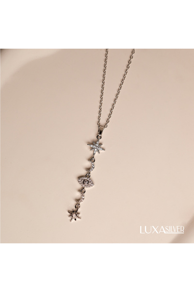luxa silver jewellery Y Kolye Sallantılı Zirkon Taşlı Yüksek Çelik Kolye / Ay...