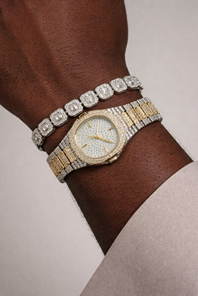 laria jewelry Taşlı Gold Iced Out Saat Ve Tennis Bileklik Seti